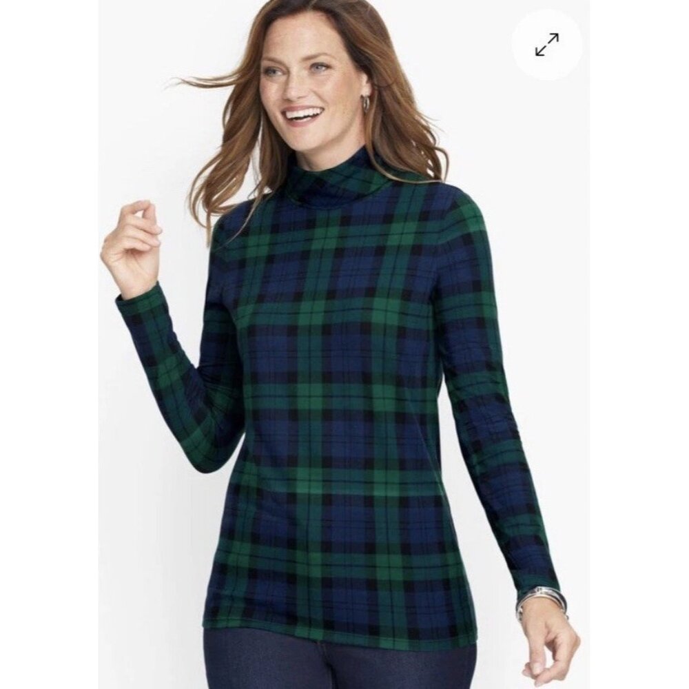 Talbots Blackwatch Plaid Knit Turtleneck Classy Blue Green Petite P